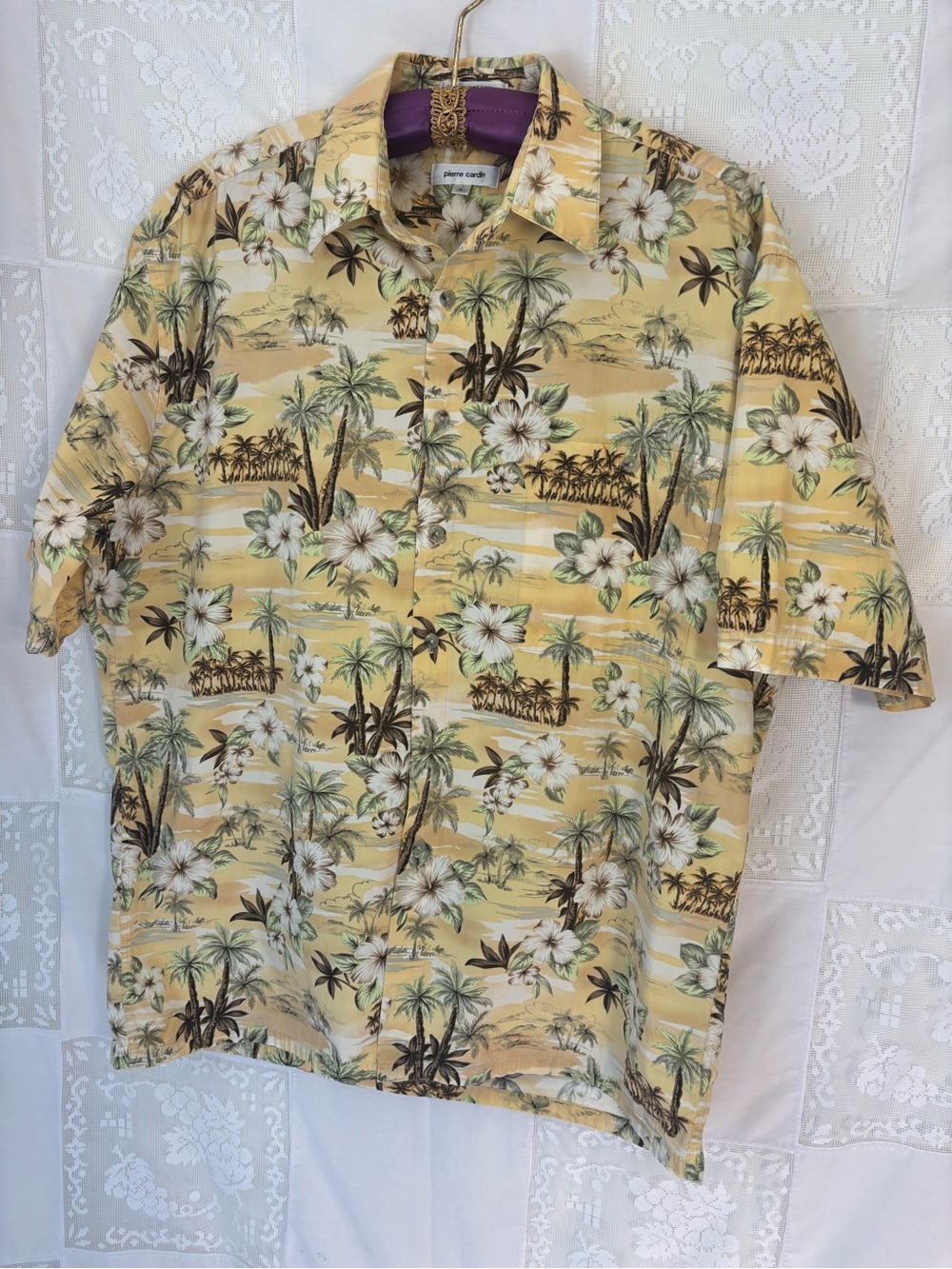 Men’s 100% Cotton Butter Yellow‎ Hawaiian  Print Short Sleeve Button Down Size L - Picture 2 of 14